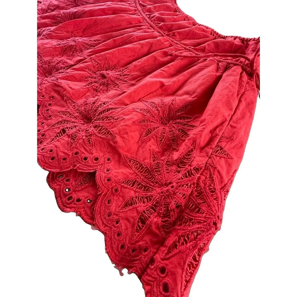 Free People Red Cotton Eyelet Mini Skirt Women Sz S Ruffle Tie Side Resort NWOT